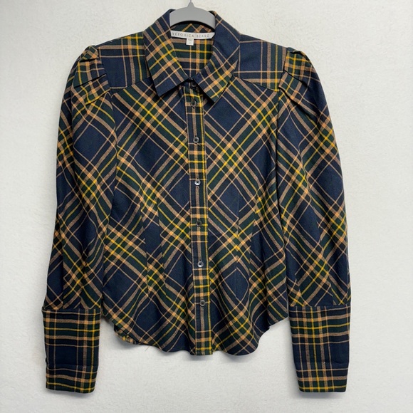 Veronica Beard Seneca Plaid Puff Sleeve Button-down shirt Size 0 Navy Check - Picture 5 of 12